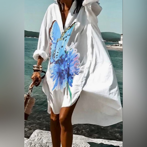 Butterfly Oversized Shirt Bohemian Casual Beach Dress Coverup - Picture 2 of 7